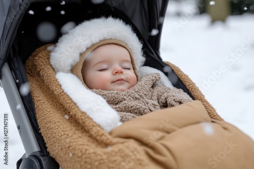 A content baby dozes peacefully in a stroller, wrapped snugly in warm winter attire, amidst a picturesque snowy landscape that captures the joy of childhood. photo