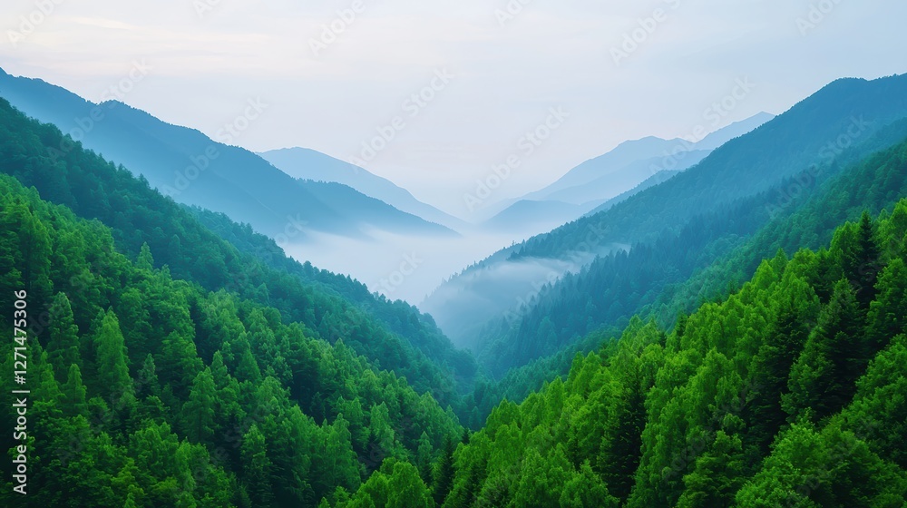 A serene valley shrouded in mist, surrounded by lush green forests and rolling mountains, creating a tranquil landscape. A serene valley shrouded in mist, surrounded by lush green forests and rolling mountains, creating a tranquil landscape.