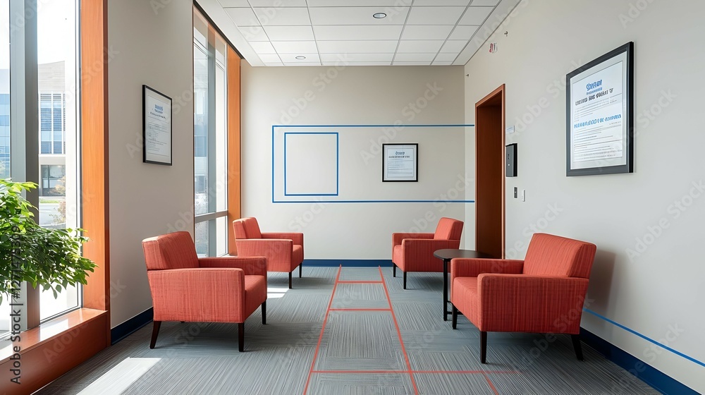 Fototapeta premium Modern Office Waiting Area with Coral Chairs and Blue Tape Markers
