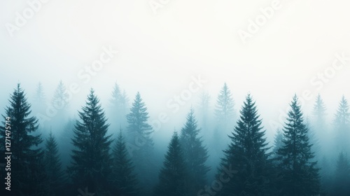 A serene landscape of mist-covered evergreen trees, creating a tranquil atmosphere in a foggy environment.