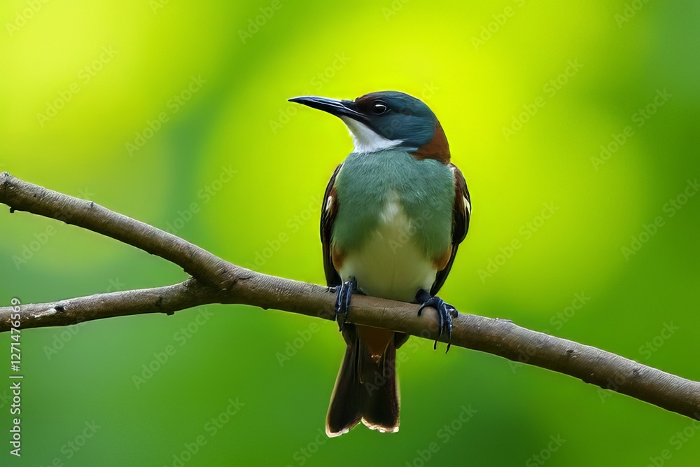 Beautiful Green and White Bird Perched on a Branch in a Lush Green Background Beautiful Green and White Bird Perched on a Branch in a Lush Green Background