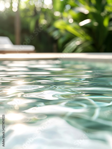 Serene tropical poolside retreat with sunlit reflections and lush greenery