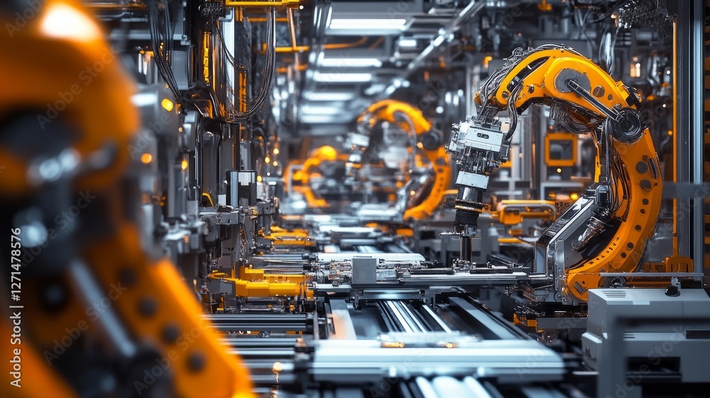 Fototapeta premium Advanced Automated Manufacturing Process in a Modern Factory. High-Tech Robotic Assembly Line with Orange Robots. Futuristic Industrial Machinery in Action.