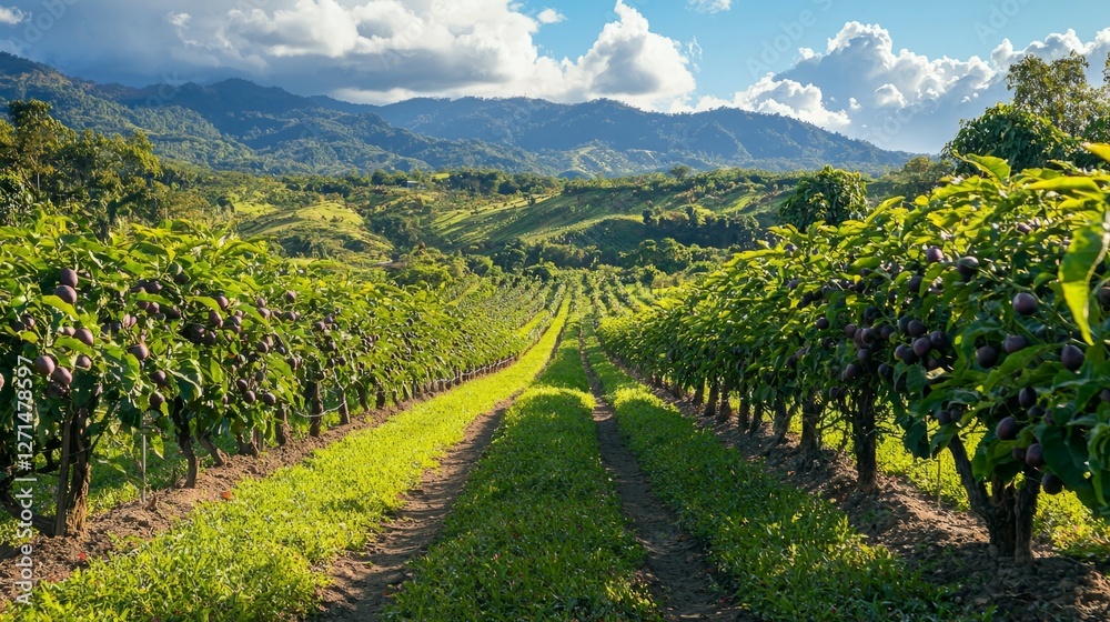 Fototapeta premium Scenic Vineyard Landscape with Lush Green Rows and Mountains