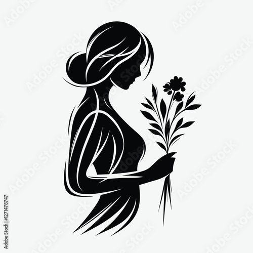 ** Elegant Woman Holding Flowers Silhouette - Black and White Line Art Illustration