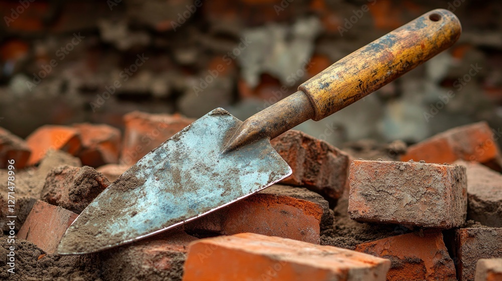 Dusty, Rusty Trowel Amidst a Pile of Broken Bricks: A Close-Up of Demolition Site Dusty, Rusty Trowel Amidst a Pile of Broken Bricks: A Close-Up of Demolition Site