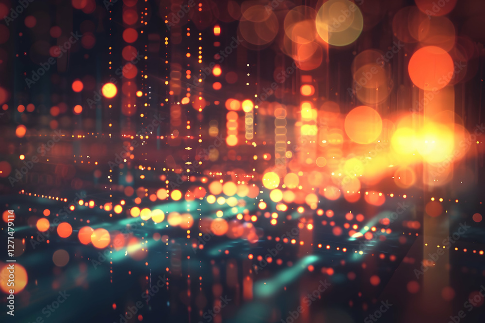 Abstract digital cityscape with glowing lights and bokeh effects at sunset, creating a vibrant atmosphere Abstract digital cityscape with glowing lights and bokeh effects at sunset, creating a vibrant atmosphere