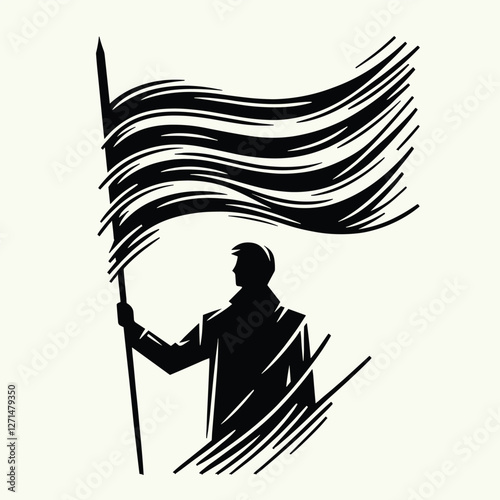 Silhouette of Person Holding Flag in Black and White Line Art Illustration