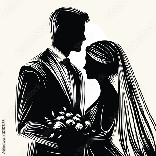 Elegant Wedding Couple Silhouette in Black and White Line Art