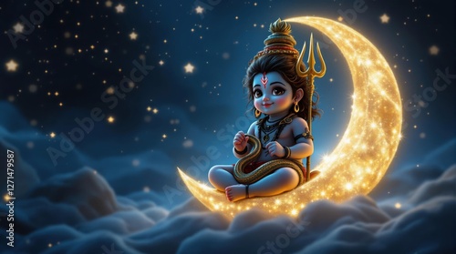 Lord baby Shiva sitting on a crescent moon symbolizing hindu mythology, divine childhood, spirituality, devotion, cultural stories