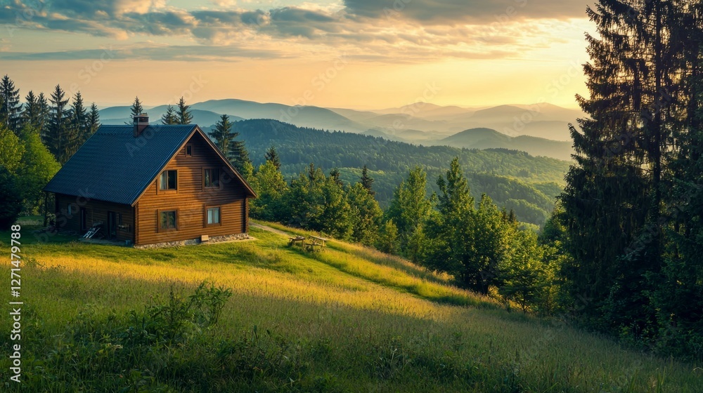 Tranquil Wooden Cabin on Hill Surrounded by Lush Green Forests Tranquil Wooden Cabin on Hill Surrounded by Lush Green Forests