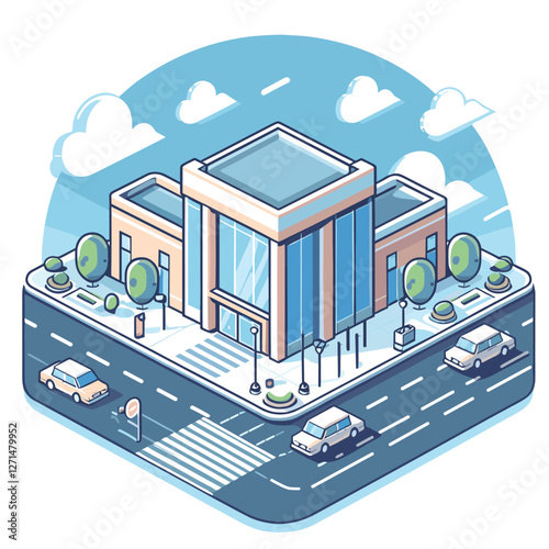 Modern Urban Building at Intersection - Isometric Illustration