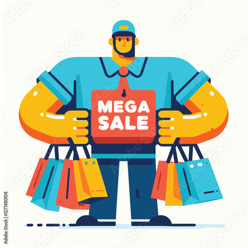 Mega Sale Shopping Concept - Flat Illustration of Shopper with Bags