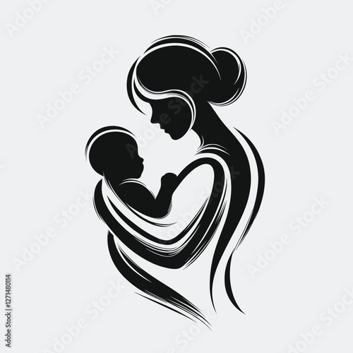 Mother and Child Silhouette Black and White Line Art Illustration of Maternal Love