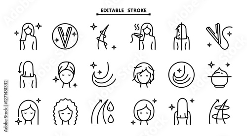 Hair straightener icons set for hair care treatment and beauty or woman salon. Editable stroke. Hair straightener appliance for female haircut straightening and haircare cosmetic treatment symbols