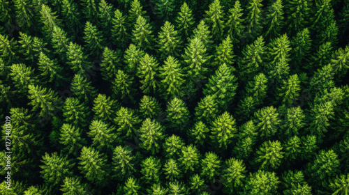 Aerial view of dense green forest showcasing sustainable forestry and reforestation efforts, highlighting lush canopy and vibrant ecosystem