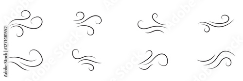 Doodle wind line sketch set. Hand drawn wind motion, air blow, swirl elements. smoke flow art, abstract line. vector illustration.