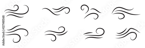 Doodle wind line sketch set. Hand drawn wind motion, air blow, swirl elements. smoke flow art, abstract line. vector illustration.