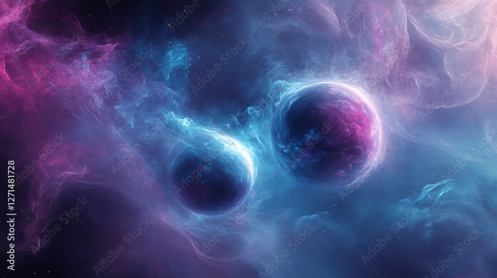 Ethereal planets glow softly in vibrant nebula a cosmic dance of purple and blue light. AI Generated Ethereal planets glow softly in vibrant nebula a cosmic dance of purple and blue light. AI Generated