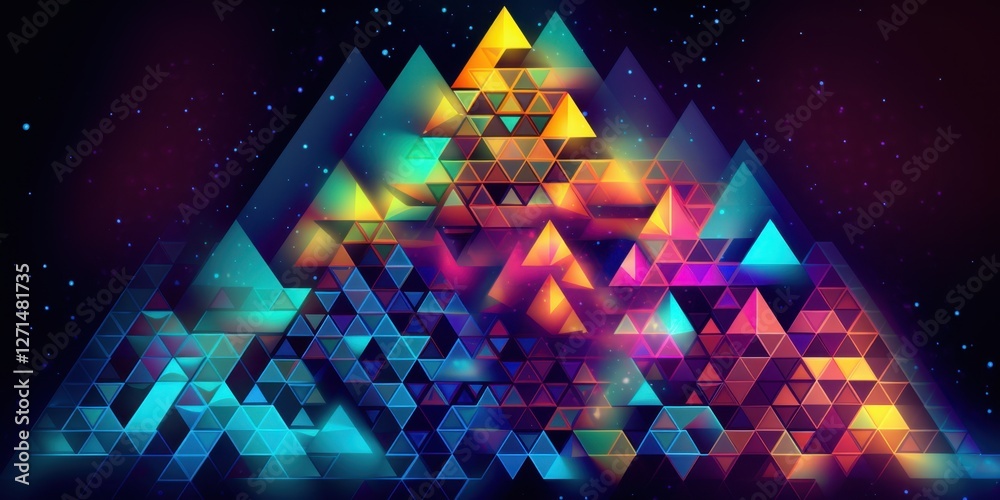 Abstract Mountain Range of Vibrant Triangles and Glowing Colors in a Night Sky Abstract Mountain Range of Vibrant Triangles and Glowing Colors in a Night Sky