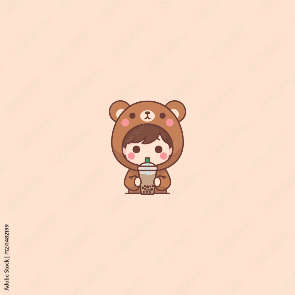 Cute boy with bear costume drinking bubble tea cartoon, vector illustration Cute boy with bear costume drinking bubble tea cartoon, vector illustration