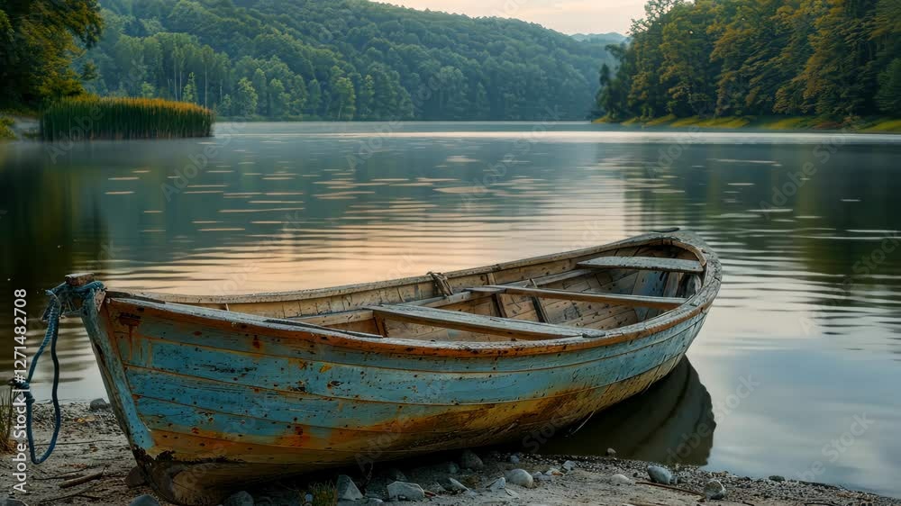 Sunrise illuminates a peaceful lake with a weathered boat on the shore, surrounded by lush forests and quiet water reflections Sunrise illuminates a peaceful lake with a weathered boat on the shore, surrounded by lush forests and quiet water reflections