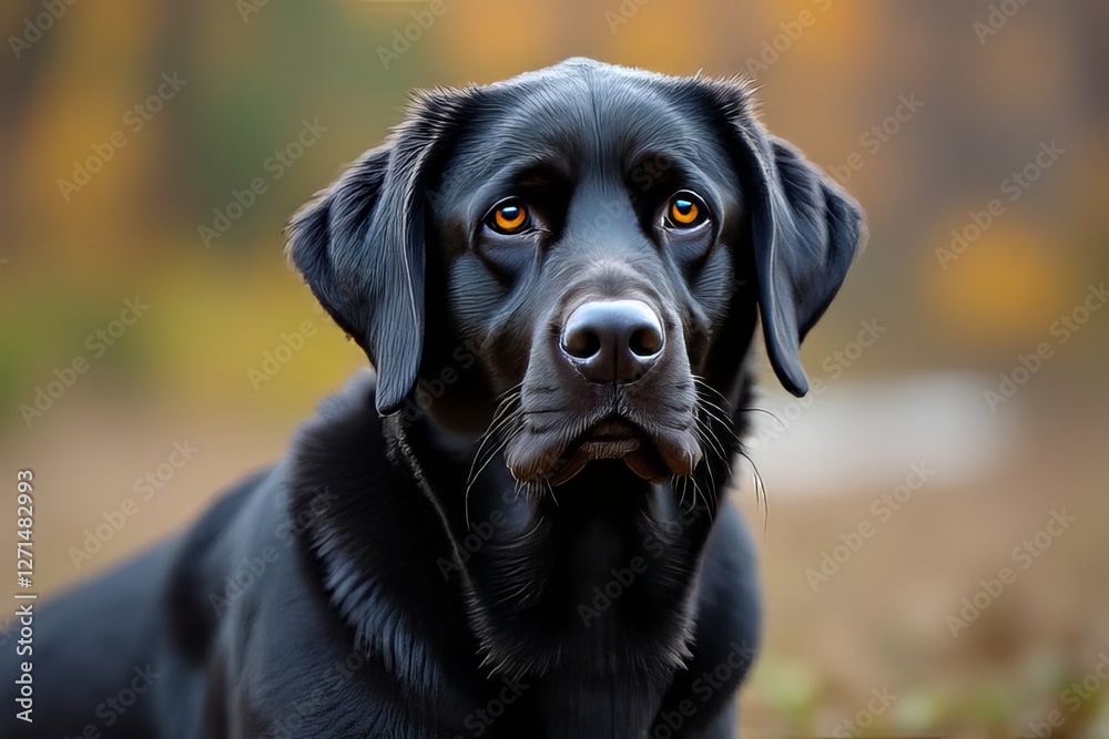 Close-up of a Black Labrador Retriever, Beautiful Dog Portrait in Autumn Colors Close-up of a Black Labrador Retriever, Beautiful Dog Portrait in Autumn Colors