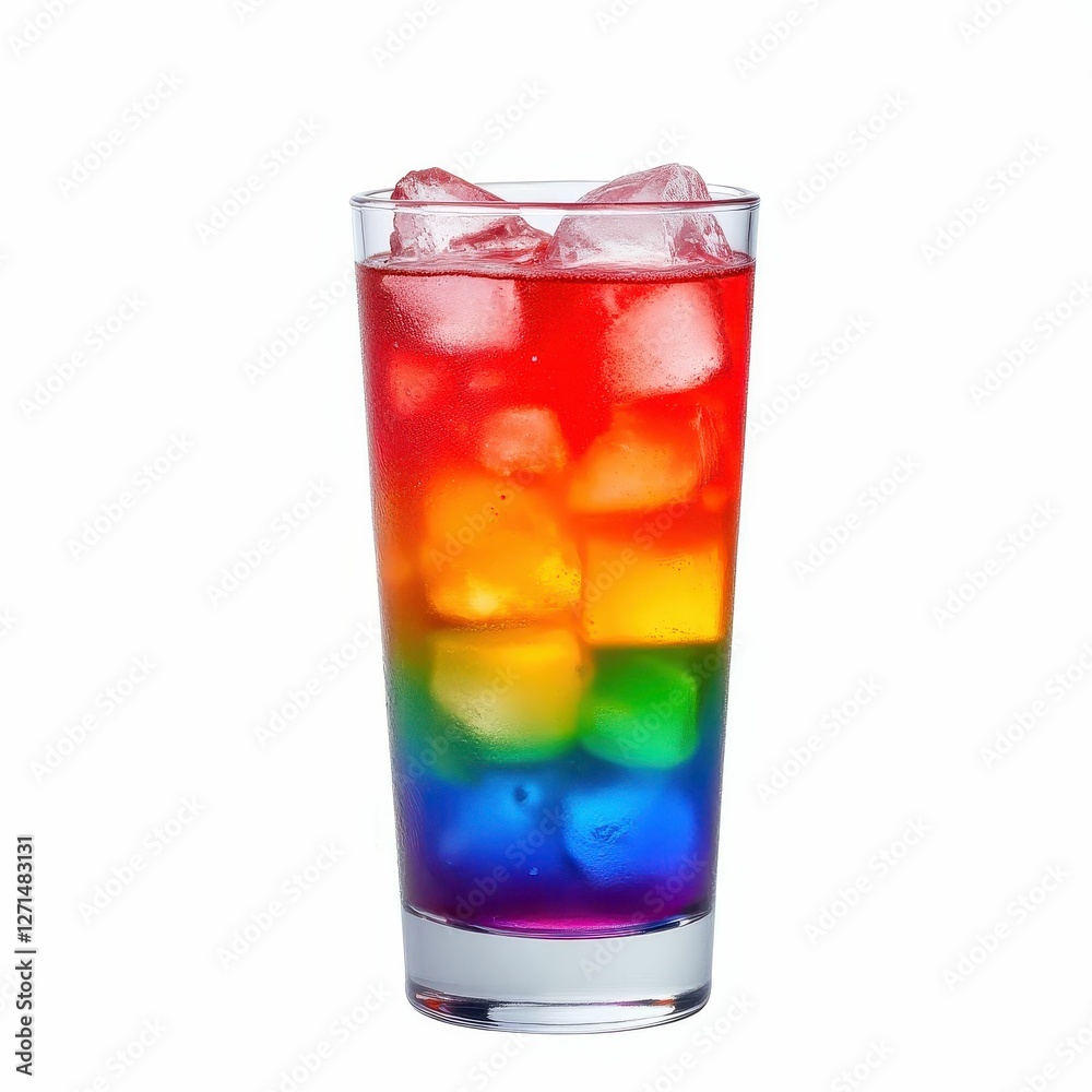 Rainbow Layered Drink with Ice Cubes in a Glass on Plain Background Summer Refreshment Beverage Rainbow Layered Drink with Ice Cubes in a Glass on Plain Background Summer Refreshment Beverage