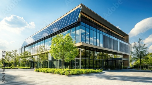 Modern office building with solar panels, sunny day photo