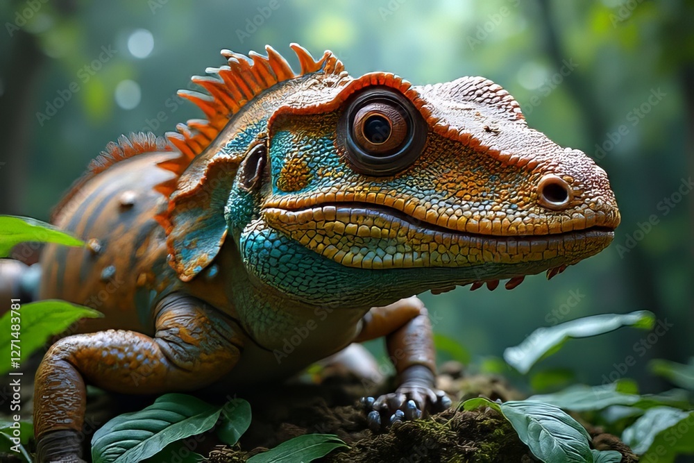 Fototapeta premium Closeup of a Colorful Lizard in a Lush Forest Setting