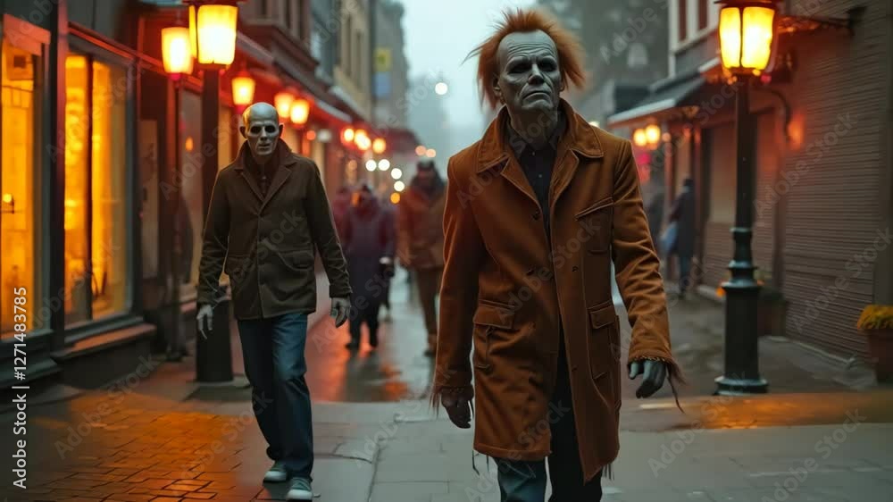 Two Individuals in Masks Walking on a Street at Dusk in Autumn Two Individuals in Masks Walking on a Street at Dusk in Autumn