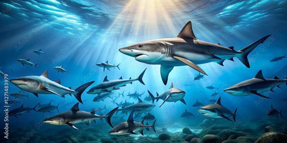 Obraz premium A school of sharks gracefully swims through sunlit ocean depths, their sleek forms silhouetted against the vibrant blue water, creating a breathtaking underwater scene.