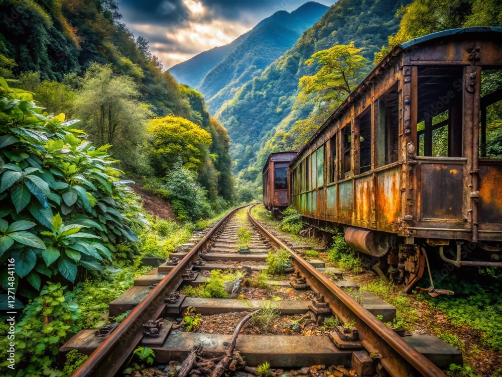 Abandoned Mountain Railway Tracks, Rusting Train Cars, Overgrown Rails, Dramatic Landscape Photography Abandoned Mountain Railway Tracks, Rusting Train Cars, Overgrown Rails, Dramatic Landscape Photography
