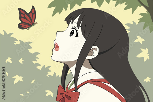  Anime-style digital drawing of a young woman with long, straight black hair and a red ribbon tied in a bow, looking to the side with a surprised expression. A vibrant red butterfly is in the air ne