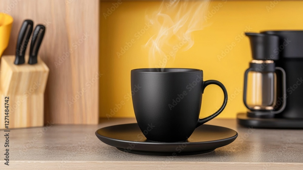 Black Coffee Cup With Steam On Kitchen Counter With Yellow Background Black Coffee Cup With Steam On Kitchen Counter With Yellow Background
