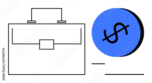 Black line art briefcase next to a blue circle with a black dollar sign. Ideal for business, finance, investment, corporate, money management, entrepreneurship, financial services. Abstract line flat