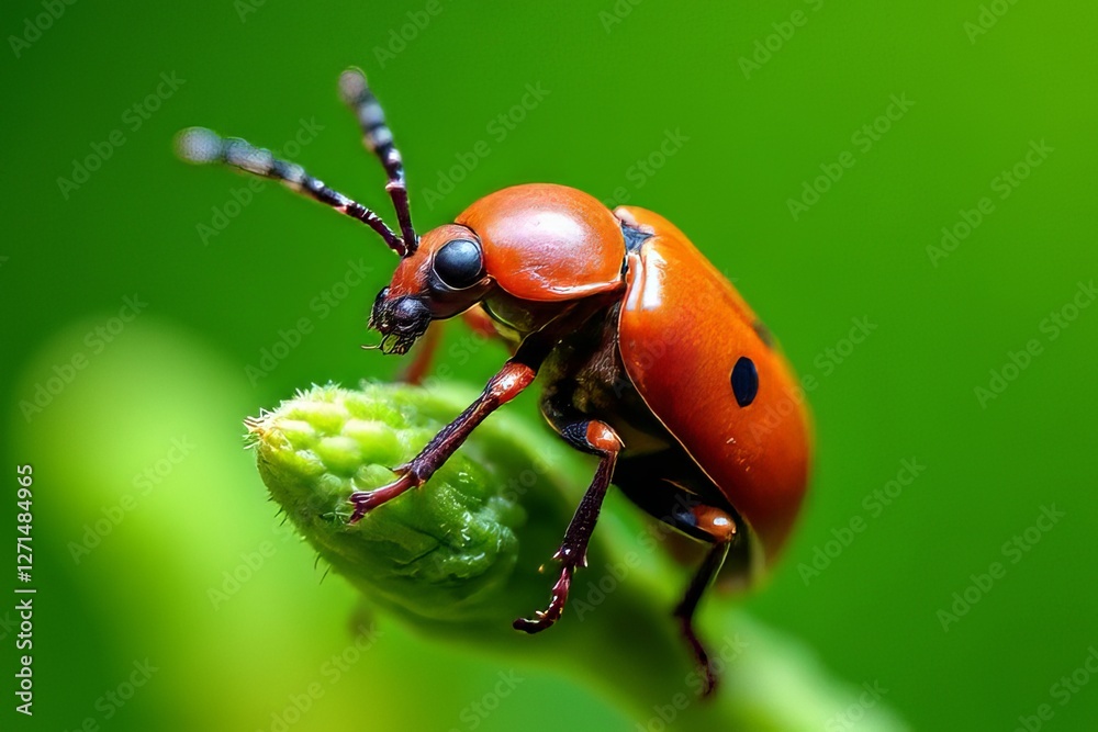Close-up of a ladybug on a green plant bud Close-up of a ladybug on a green plant bud