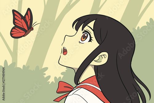  Anime-style digital drawing of a young woman with long, straight black hair and a red ribbon tied in a bow, looking to the side with a surprised expression. A vibrant red butterfly is in the air ne