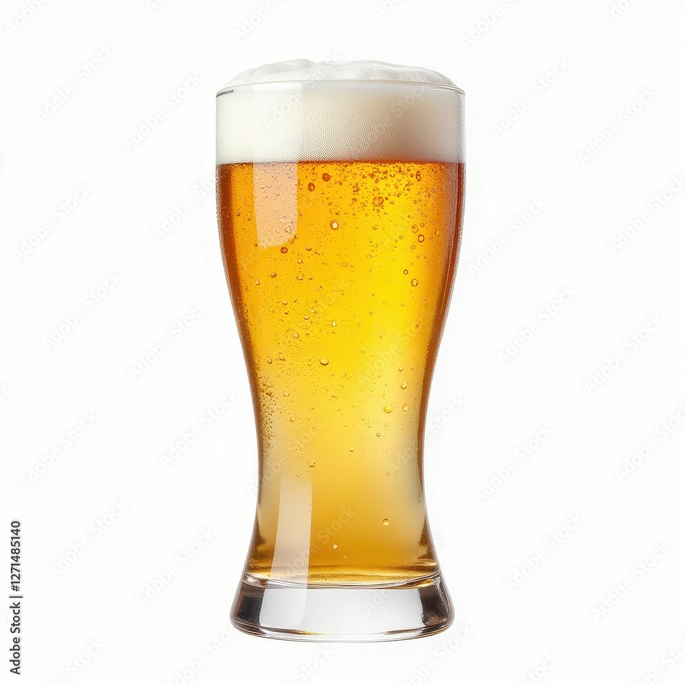 Refreshing Beverage Golden Hued Beer in Tall Clear Glass with Frothy Foam on Solid White Backdrop Refreshing Beverage Golden Hued Beer in Tall Clear Glass with Frothy Foam on Solid White Backdrop
