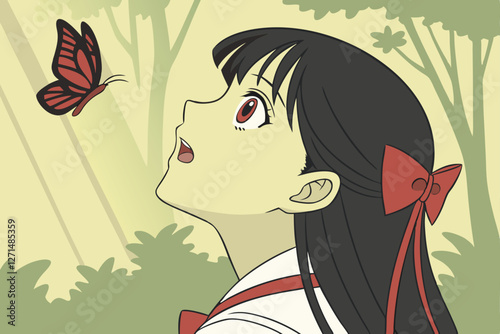  Anime-style digital drawing of a young woman with long, straight black hair and a red ribbon tied in a bow, looking to the side with a surprised expression. A vibrant red butterfly is in the air ne