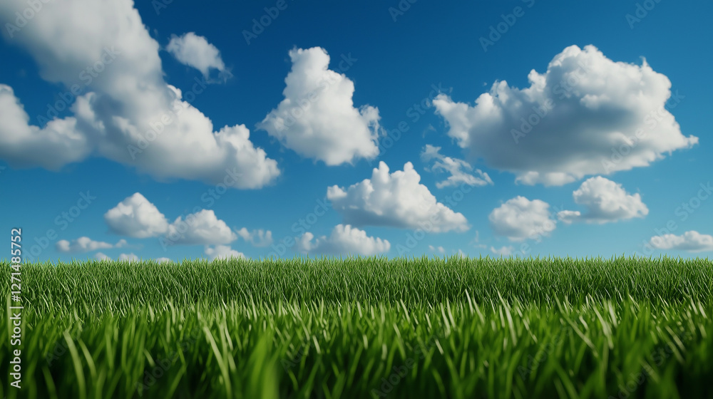 Vibrant grassland under blue sky and whimsical clouds nature landscape outdoor serenity wide-angle view Vibrant grassland under blue sky and whimsical clouds nature landscape outdoor serenity wide-angle view