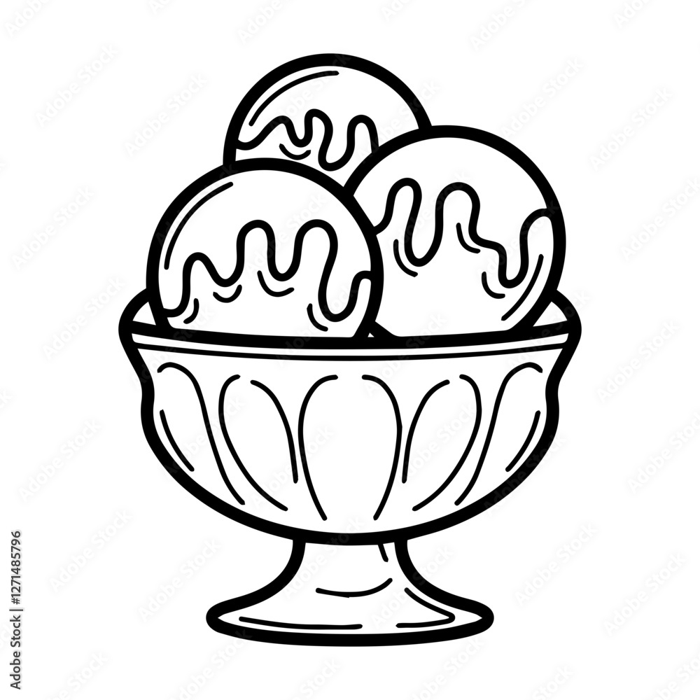Line art illustration of three scoops of ice cream in a vintage sundae dish. Symbolizes summer, treats, desserts, and indulgence. Perfect for food, culinary, and lifestyle concepts Line art illustration of three scoops of ice cream in a vintage sundae dish. Symbolizes summer, treats, desserts, and indulgence. Perfect for food, culinary, and lifestyle concepts