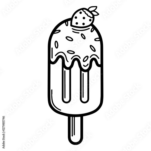 Line art illustration of a delicious popsicle. Drizzled with chocolate, sprinkled with candy, and topped with a strawberry. Symbolizes summer, treats, and refreshment. Perfect for food and culinary
