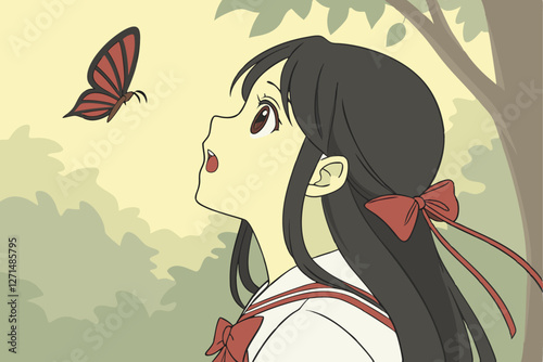  Anime-style digital drawing of a young woman with long, straight black hair and a red ribbon tied in a bow, looking to the side with a surprised expression. A vibrant red butterfly is in the air ne
