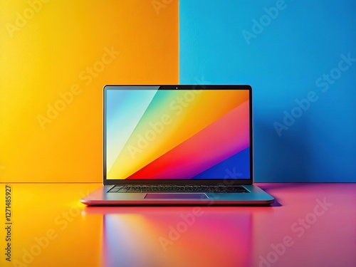Minimalist laptop, vibrant display showcasing AI art.
