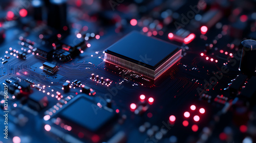 Close-up shot of a modern microchip on a circuit board, illuminated by vibrant red and blue lights
