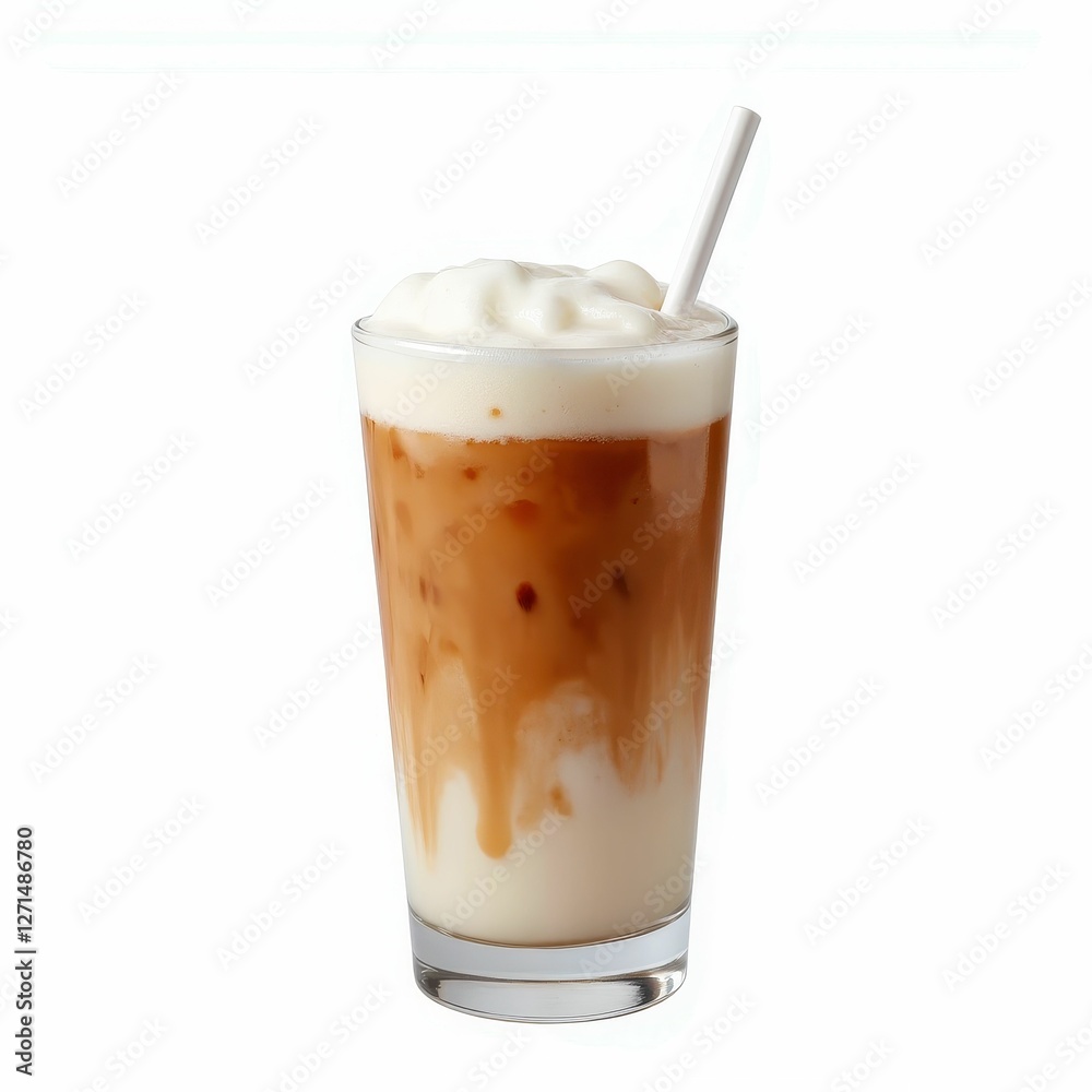 Frothy Iced Coffee in Tall Glass with Straw Refreshing Cold Beverage Creamy Drink on White Backdrop Frothy Iced Coffee in Tall Glass with Straw Refreshing Cold Beverage Creamy Drink on White Backdrop