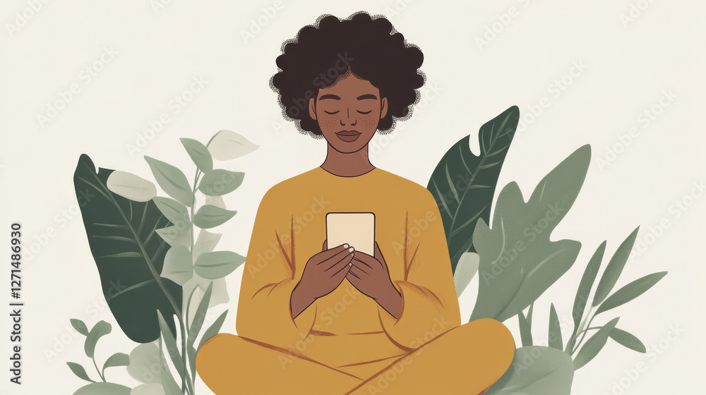 Mindfulness practice with person holding phone surrounded by plants. This serene scene emphasizes well being and tranquility in natural setting Mindfulness practice with person holding phone surrounded by plants. This serene scene emphasizes well being and tranquility in natural setting