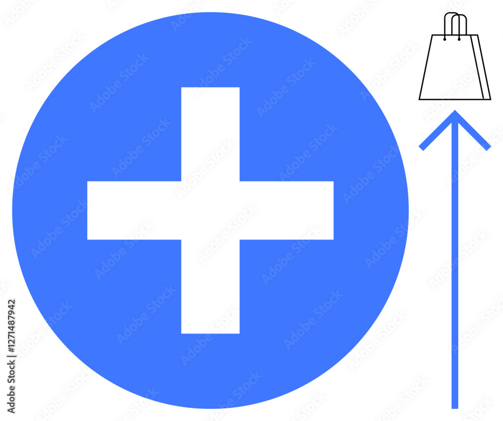 Obraz premium Blue plus sign inside a circle adjacent to an upward arrow pointing to a shopping bag icon. Ideal for e-commerce growth, sales increase, consumer behavior, retail success, positive trends, customer