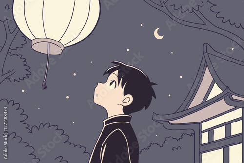  Anime-style drawing of a young boy with short, dark hair, wearing a black shirt, looking up at a glowing paper lantern with a surprised expression. The background features a dark, starry night sky 